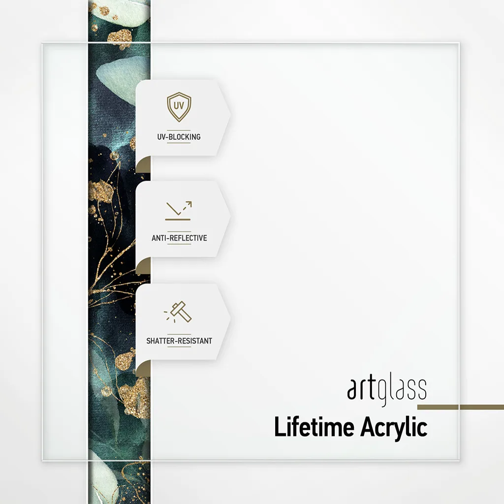 Artglass Lifetime Acrylic key features: UV-blocking, anti-reflective, shatter-resistant