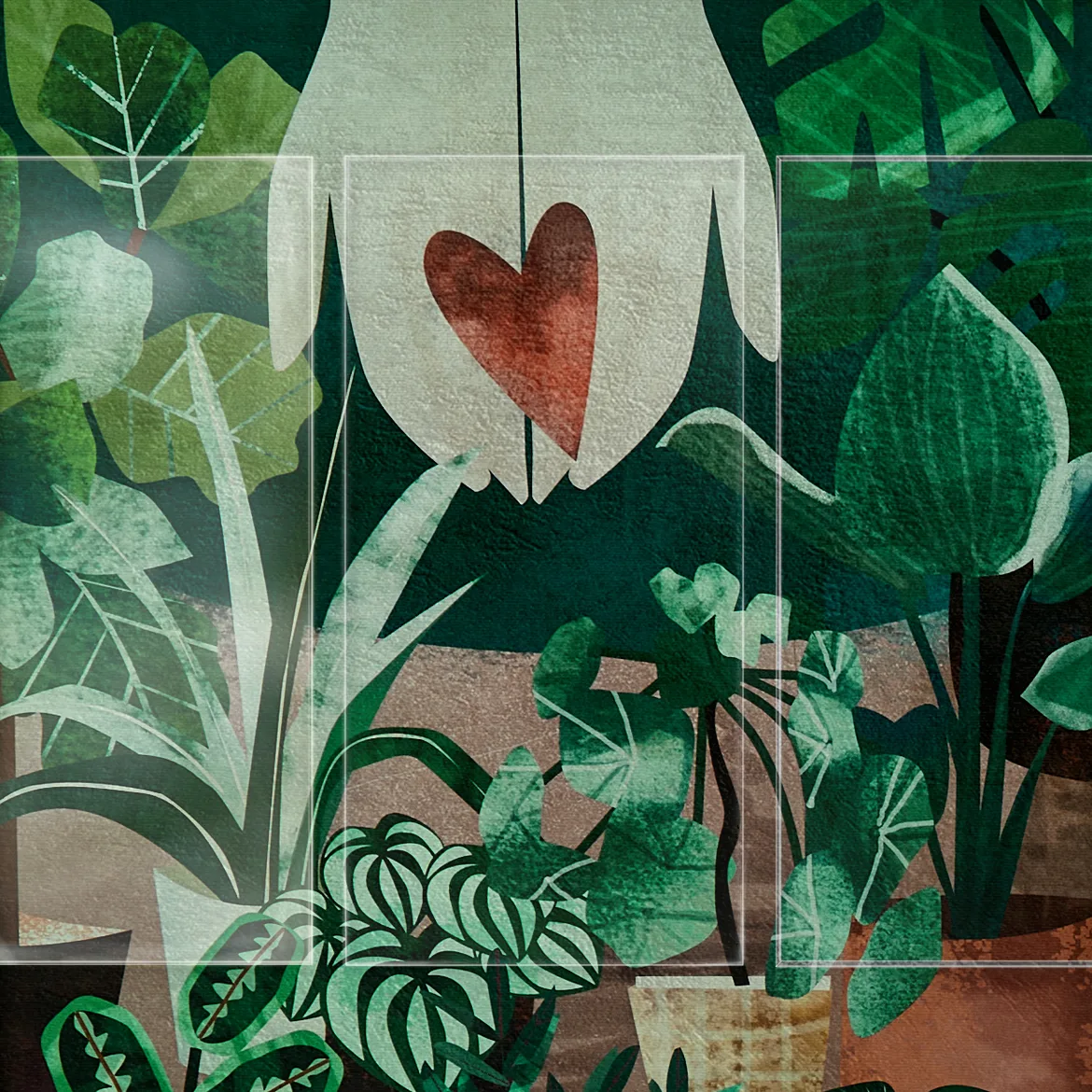Three glazing options compared side by side over the same botanical artwork