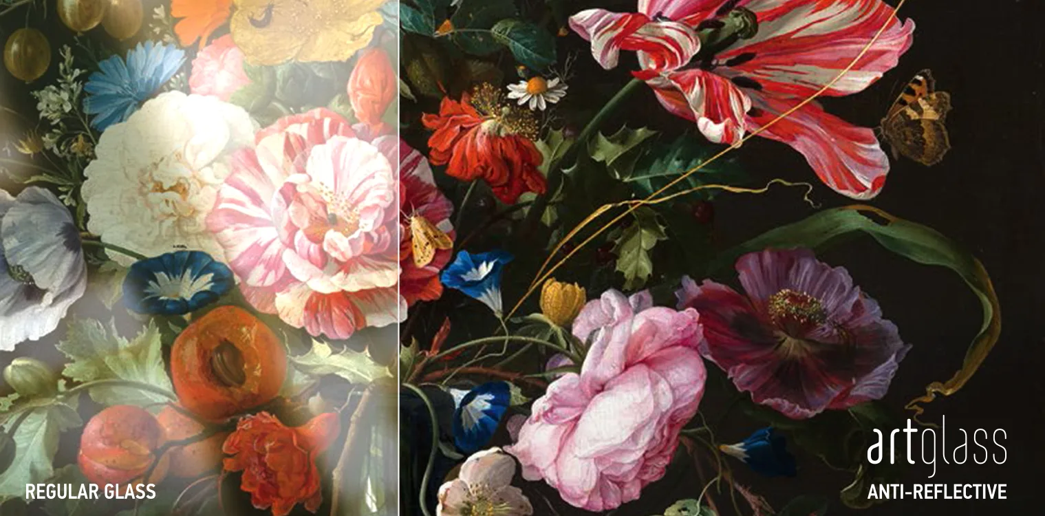 Fine-art flower still life split comparison: hazy behind regular glass, vivid behind Artglass anti-reflective glass