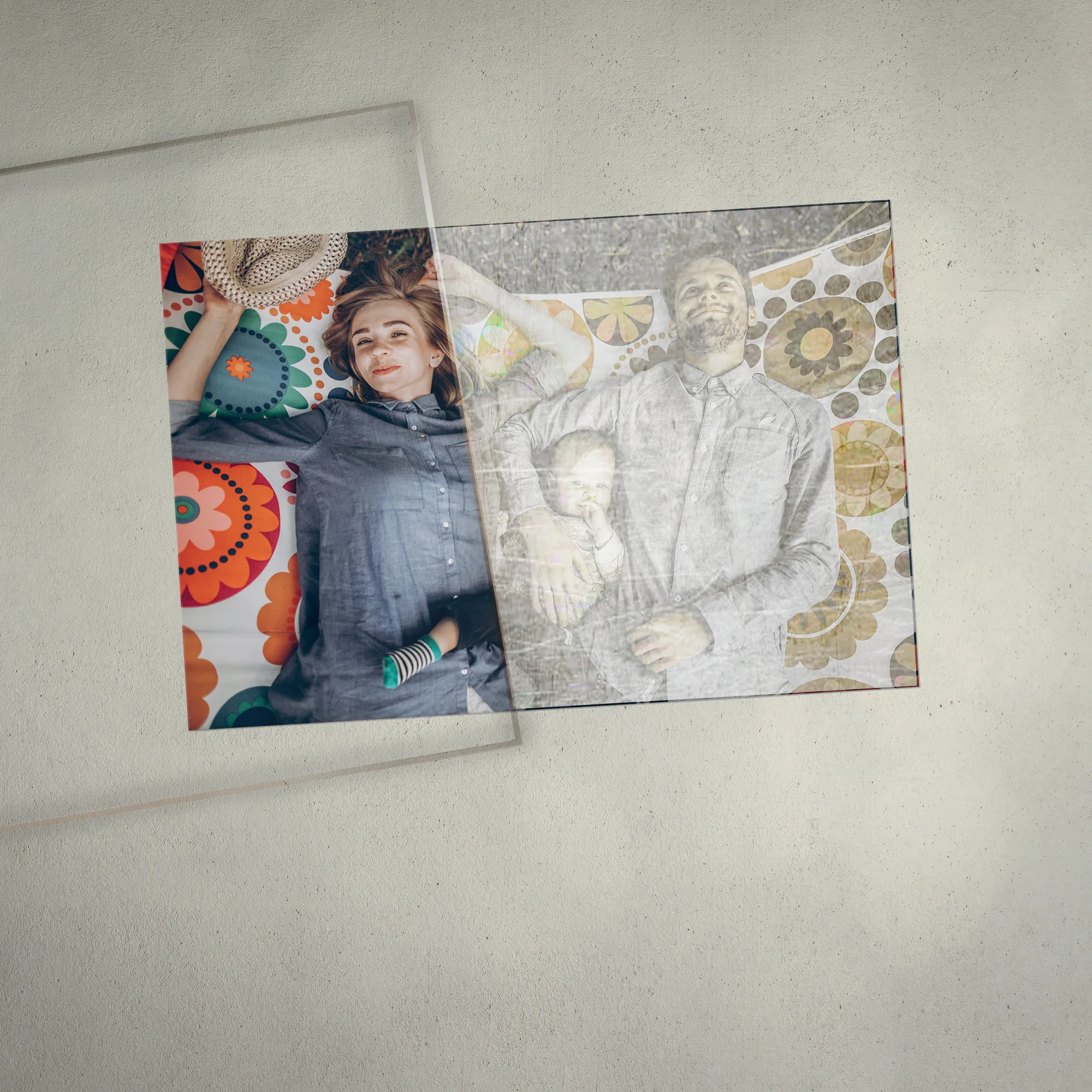 Family photograph half-protected by UV glass: the covered half keeps its colour, the exposed half is faded